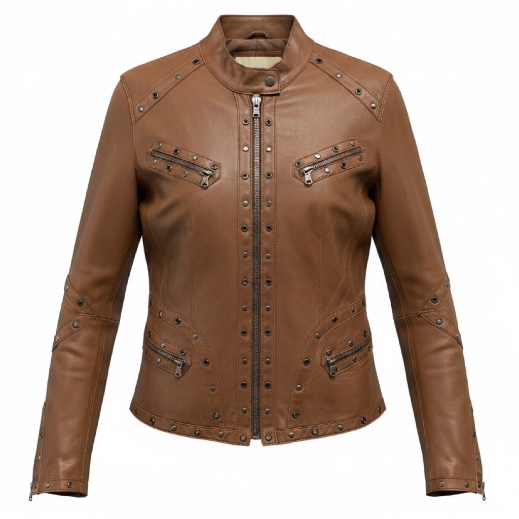 Rizal Brown Grommet and Stud Detail Zip Front Leather Jacket