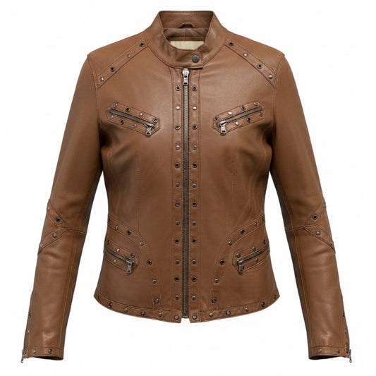 Rizal Brown Grommet and Stud Detail Zip Front Leather Jacket