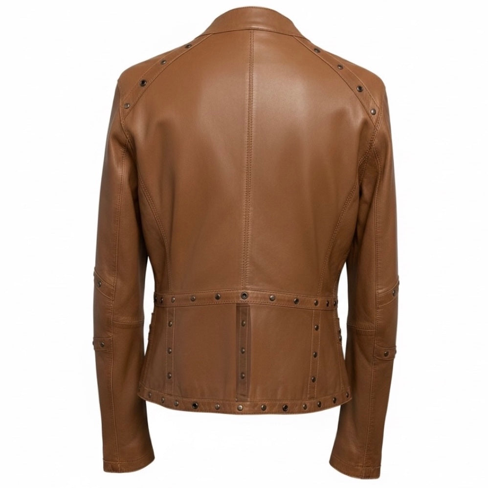 Rizal Brown Grommet and Stud Detail Zip Front Leather Jacket