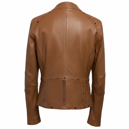 Rizal Brown Grommet and Stud Detail Zip Front Leather Jacket