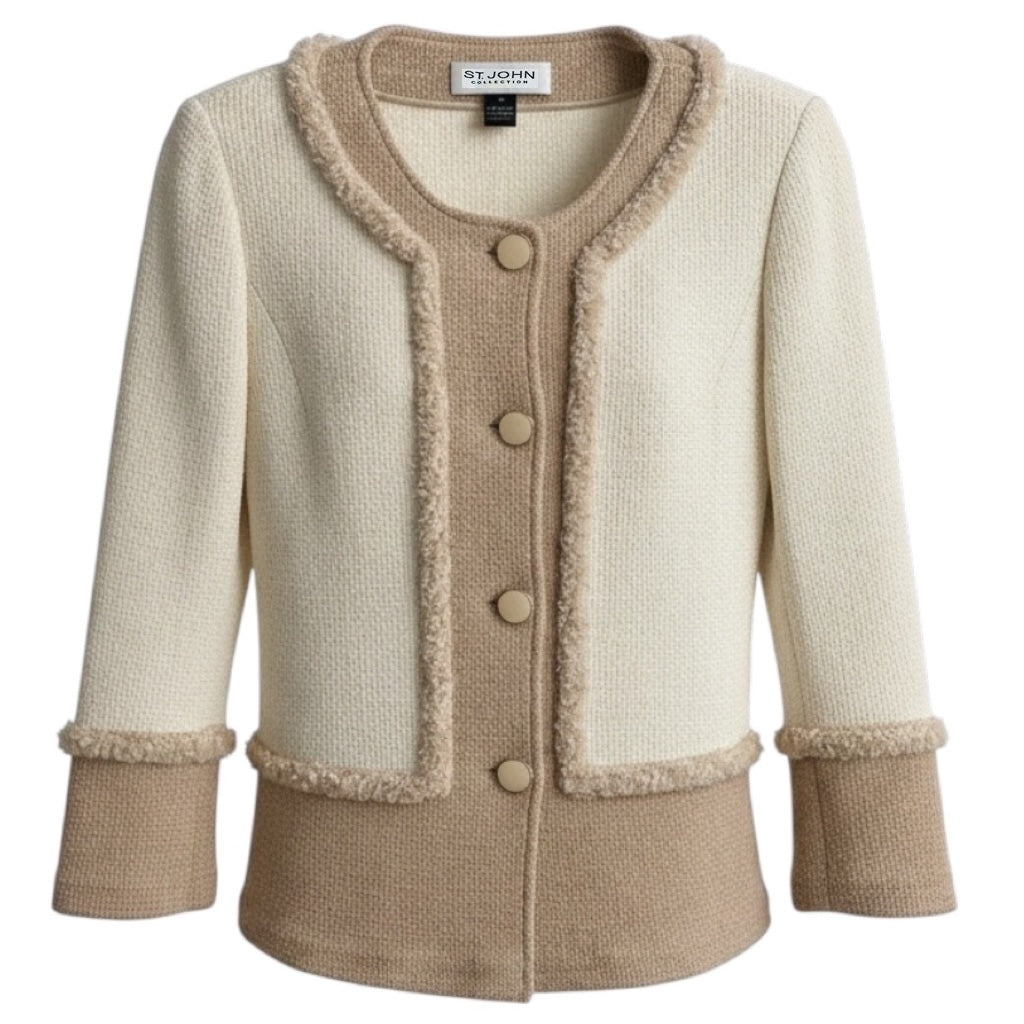 St. John Ivory / Beige Fringed Knit Jacket with Gold Buttons