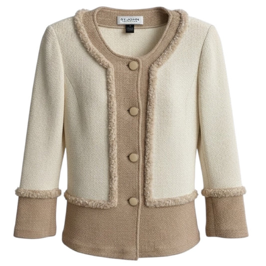 St. John Ivory / Beige Fringed Knit Jacket with Gold Buttons