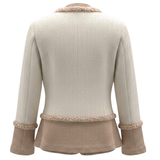 St. John Ivory / Beige Fringed Knit Jacket with Gold Buttons