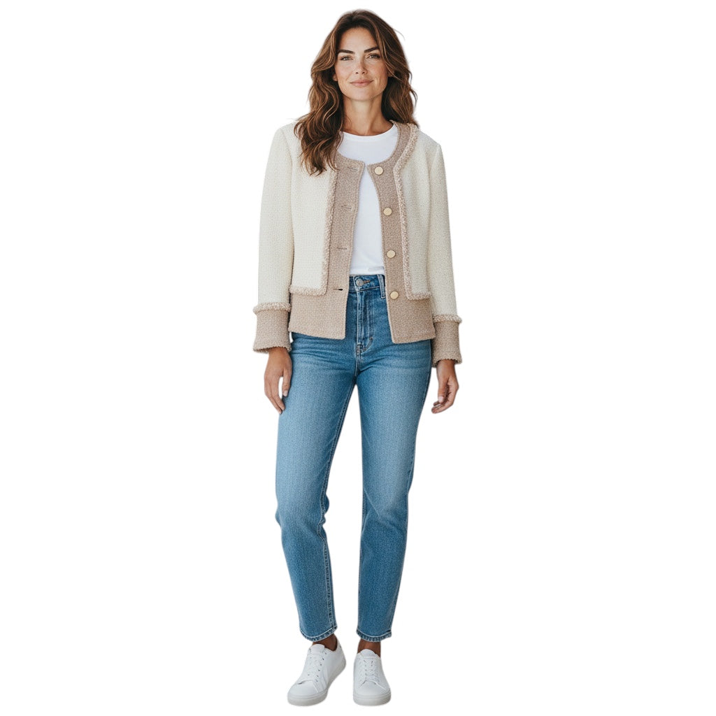 St. John Ivory / Beige Fringed Knit Jacket with Gold Buttons