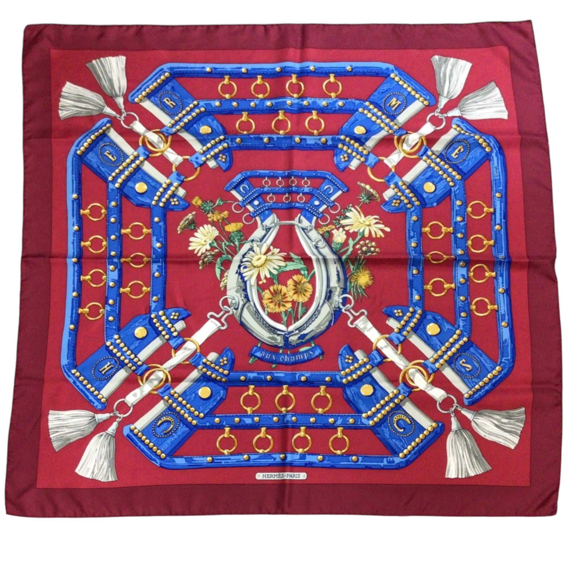 Hermes Red / Blue Multi Aux Champs Square Silk Twill Scarf
