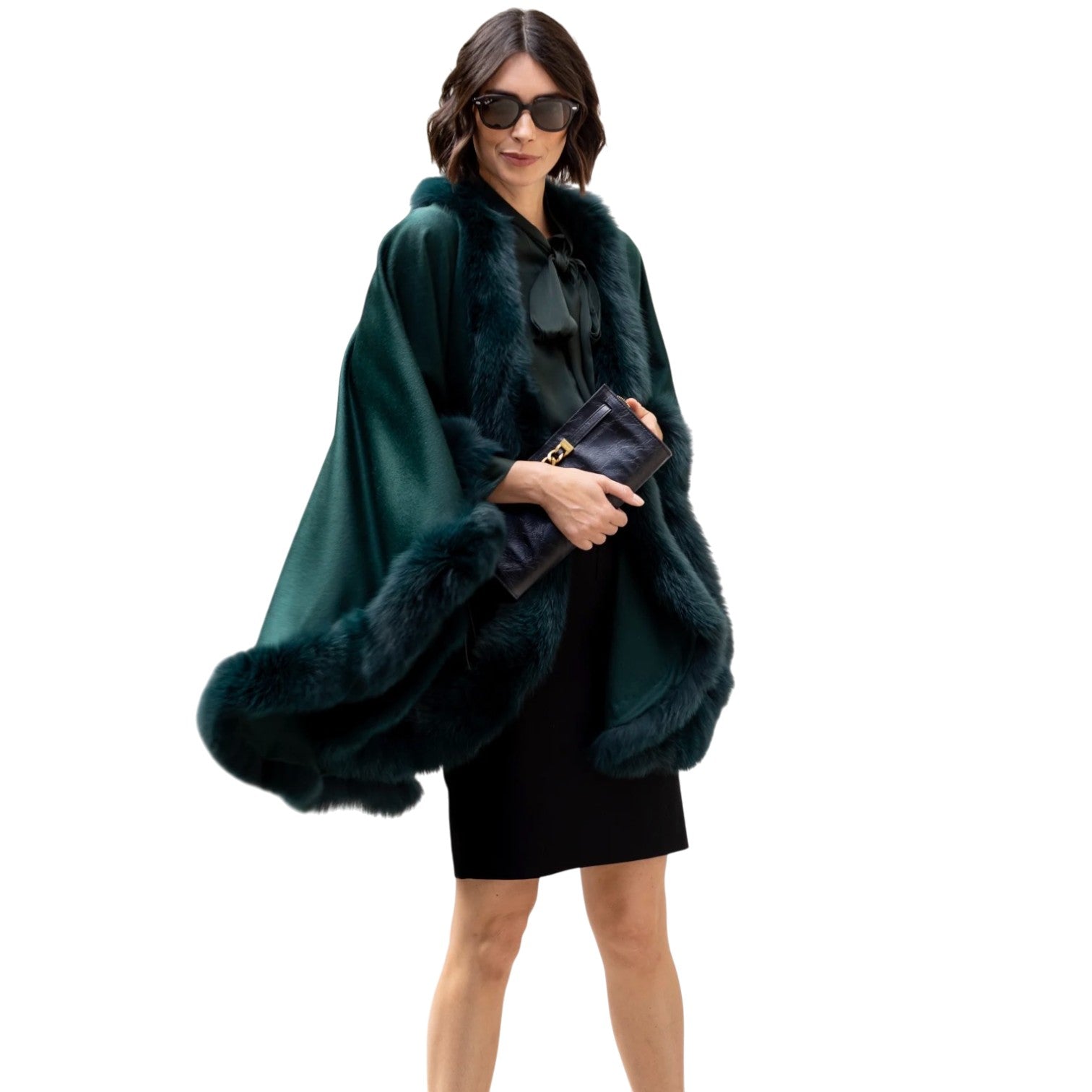 Sofia Cashmere Emerald Green Cervinia Fur Trimmed Cape