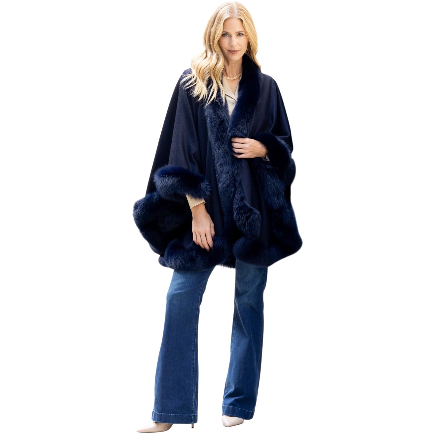 Sofia Cashmere Navy Blue Cashmere Cervinia Fur Trimmed Cape