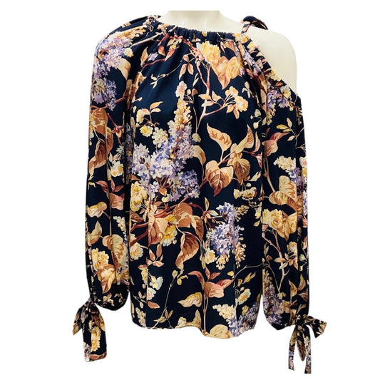 Zimmermann Navy Blue Multi Floral Printed Cold Shoulder Silk Top

