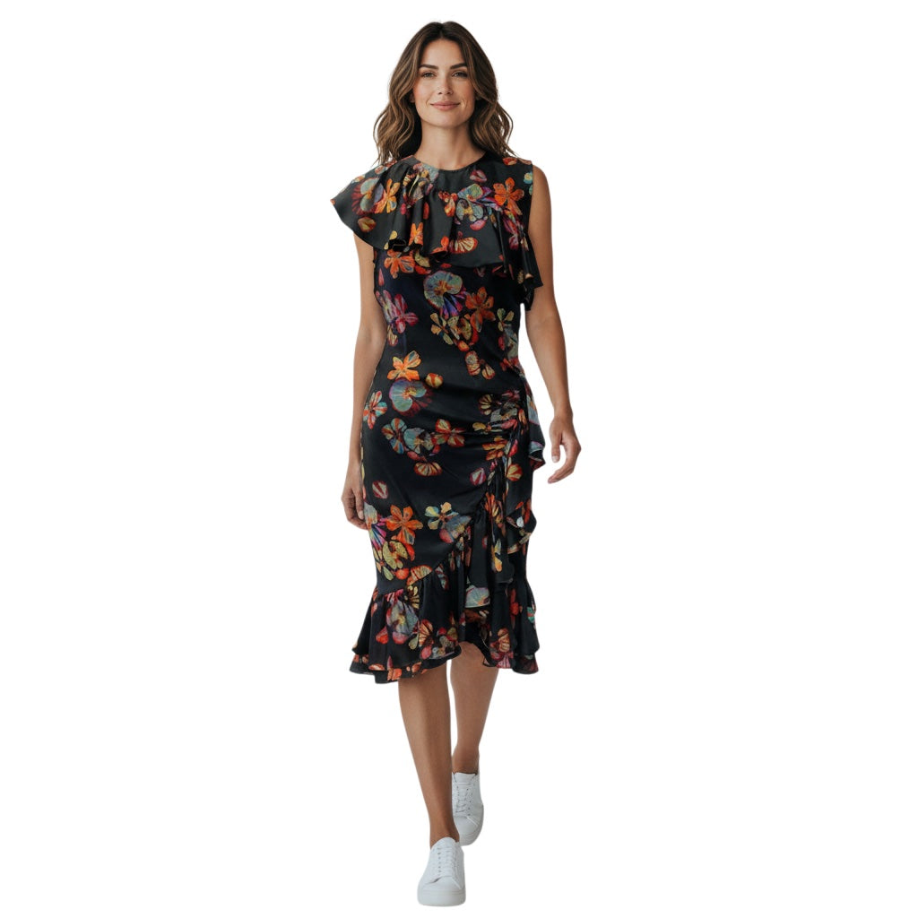 Ulla Johnson Black Multi Floral Candace Asymmetric Ruffled Dress