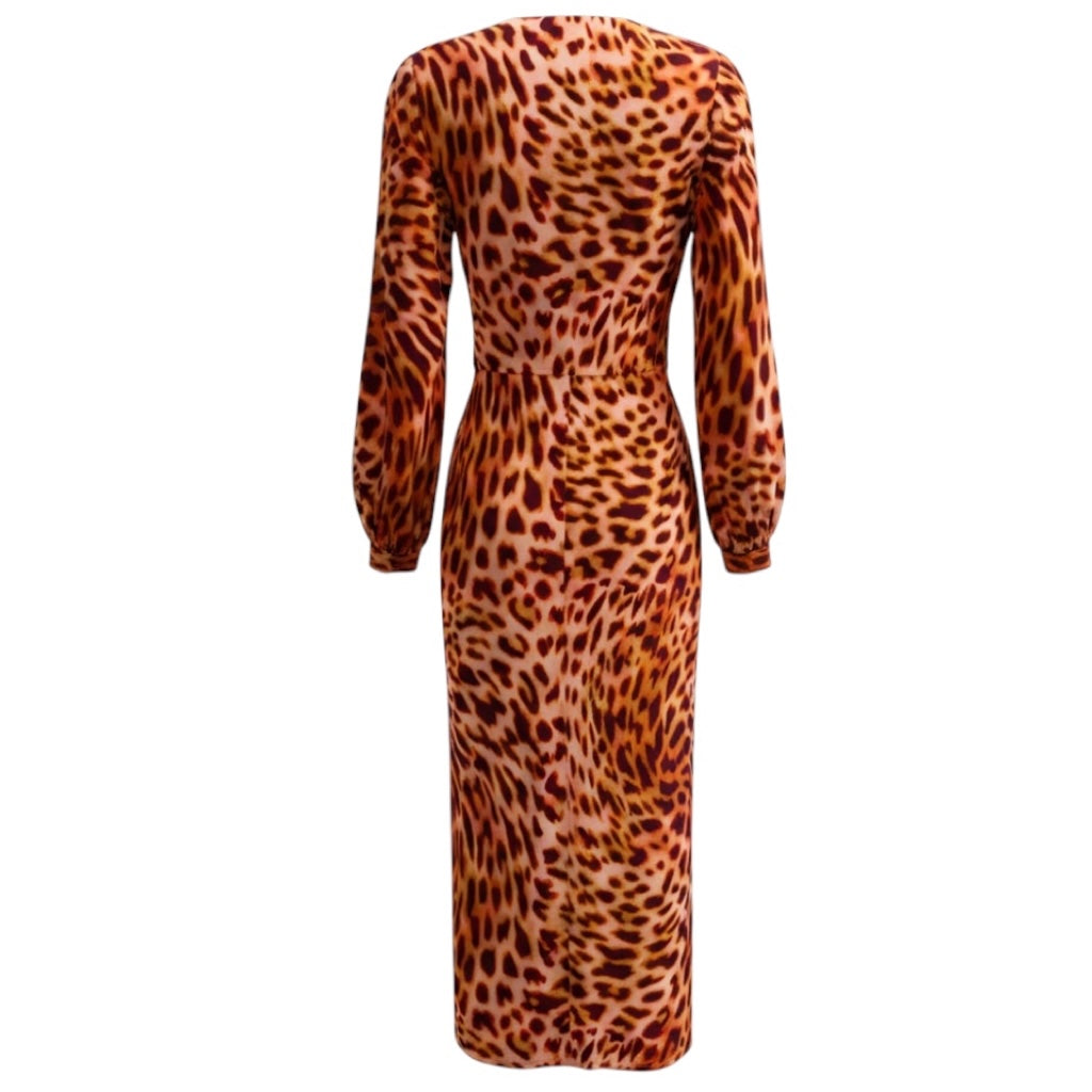 Stella McCartney Peach / Orange Multi Cheetah Print Silk Midi Dress