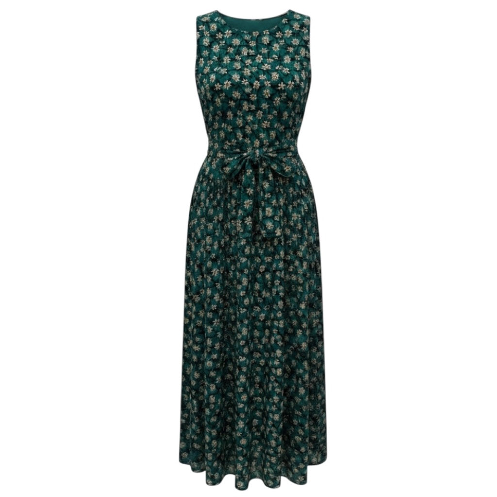 Ulla Johnson Green Multi Floral Printed Sleeveless Silk Maxi Dress with Belt