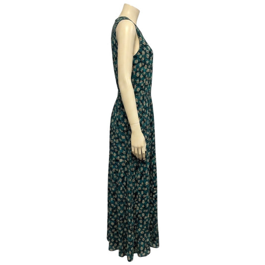 Ulla Johnson Green Multi Floral Printed Sleeveless Silk Maxi Dress with Belt