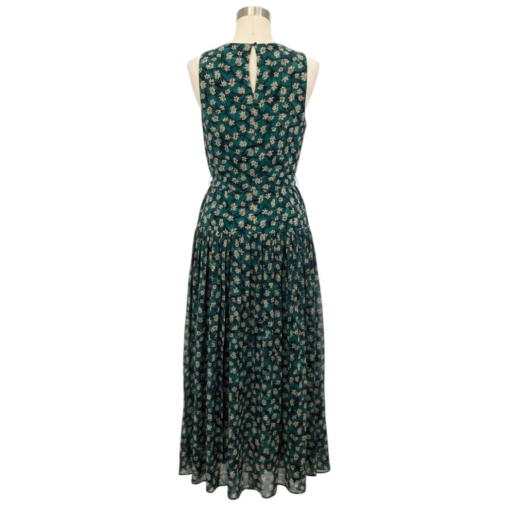 Ulla Johnson Green Multi Floral Printed Sleeveless Silk Maxi Dress with Belt