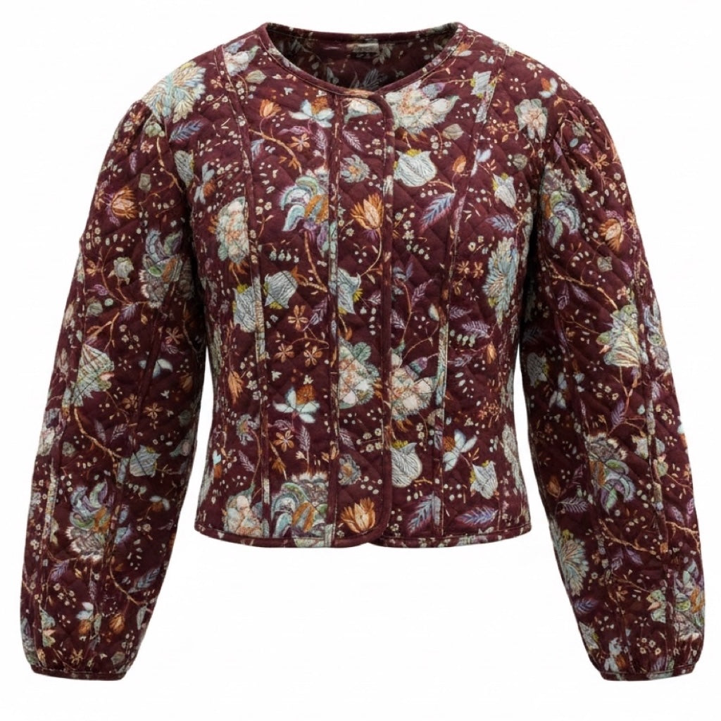 Ulla Johnson Burgundy Multi Heliotrope Floral Print Quilted Silk Anika Jacket