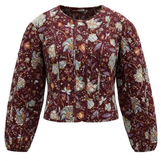 Ulla Johnson Burgundy Multi Heliotrope Floral Print Quilted Silk Anika Jacket