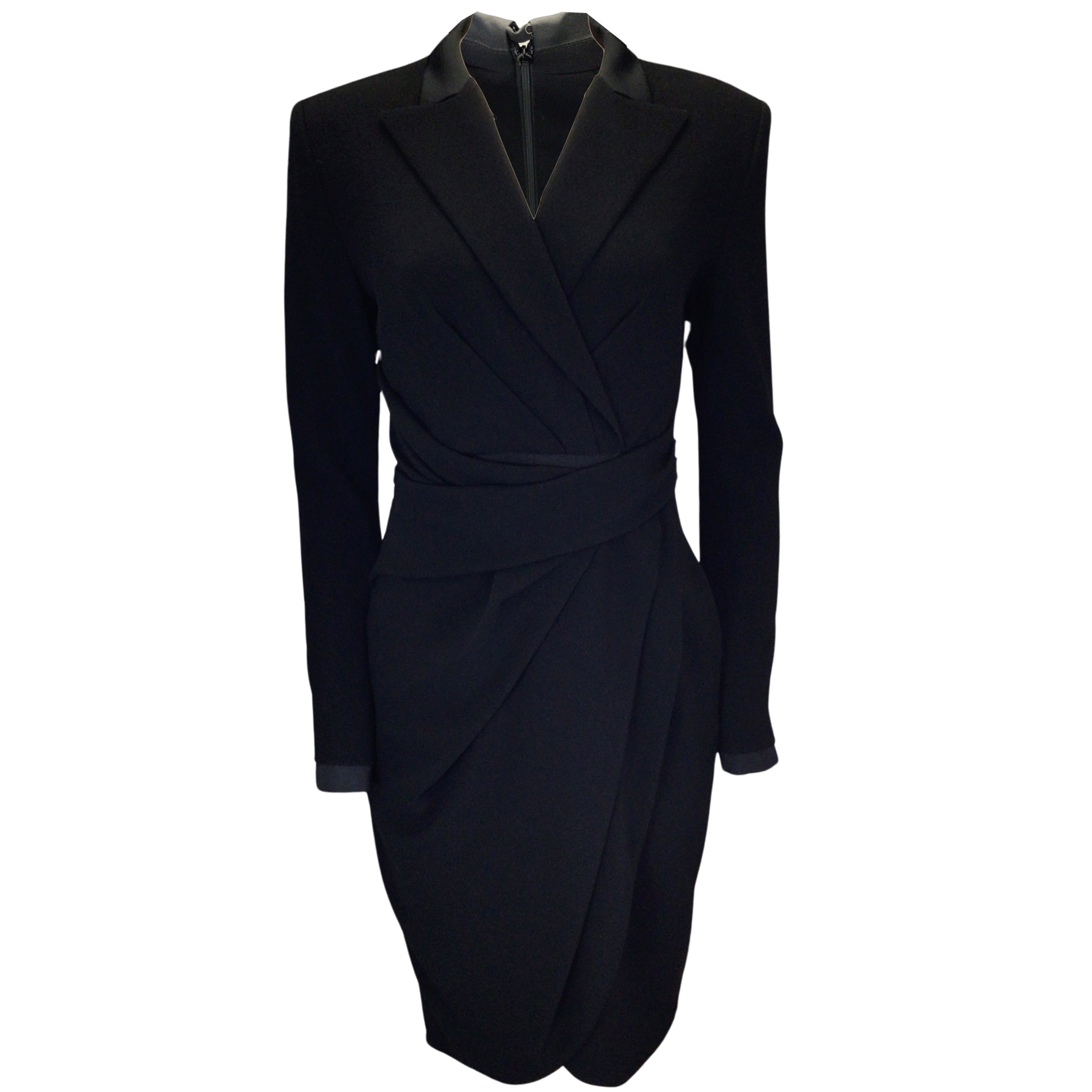 Talbot Runhof Black Botad Tuxedo-Style Long Sleeved V-Neck Crepe Midi Dress