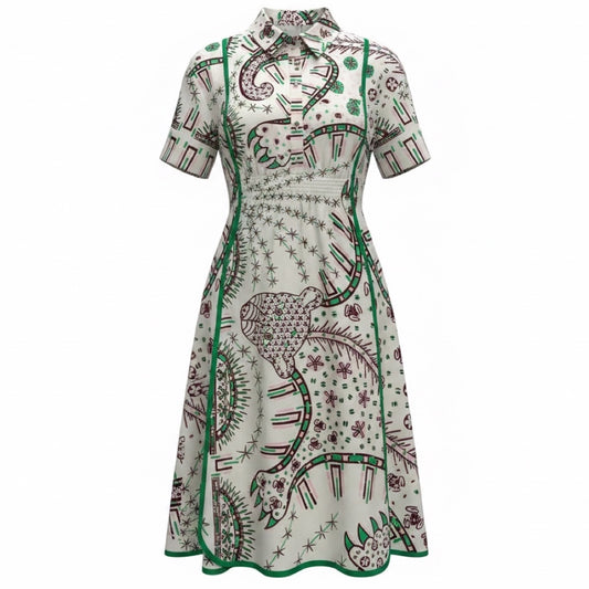 Valentino Ivory / Green Multi Printed Short Sleeved Cotton Midi Dress