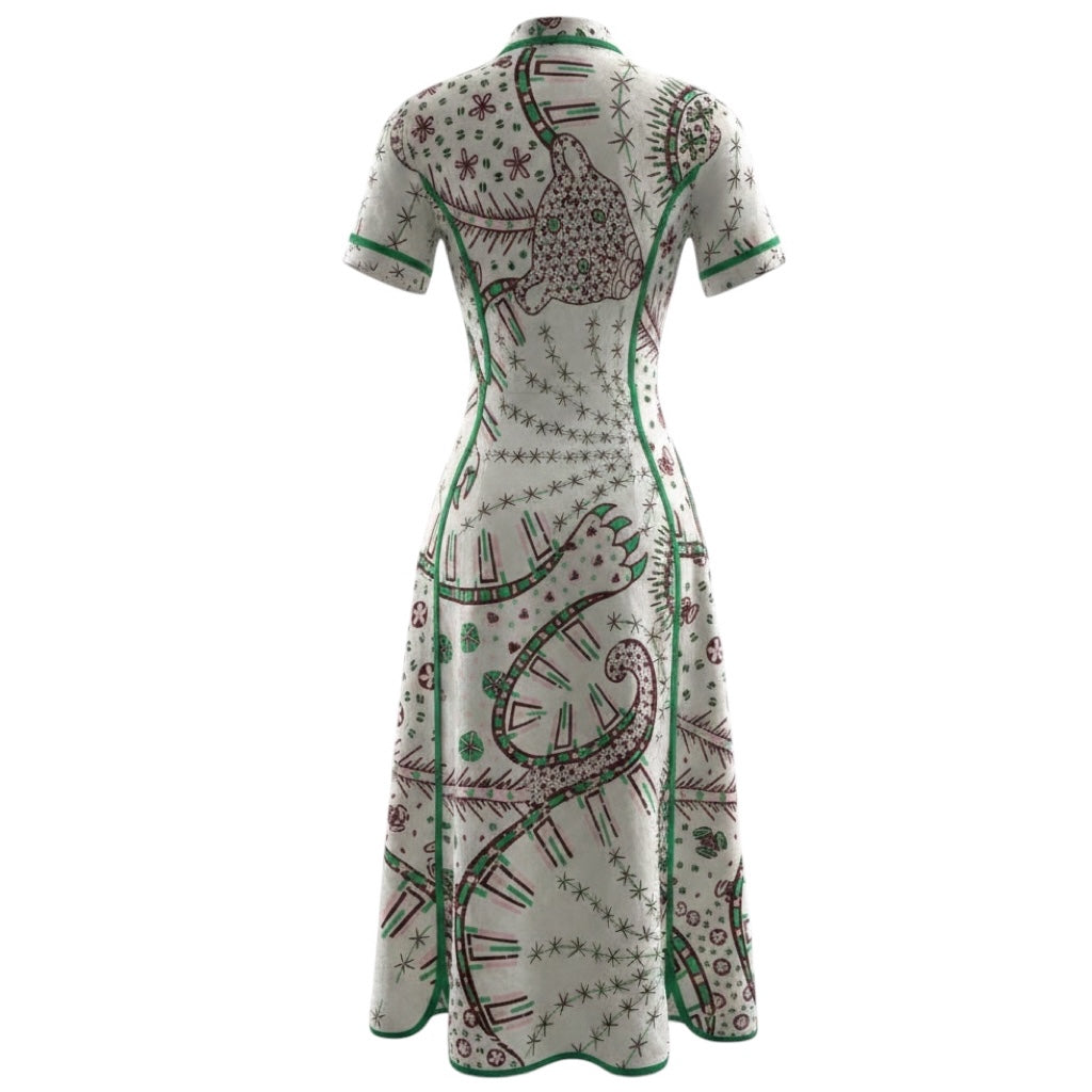 Valentino Ivory / Green Multi Printed Short Sleeved Cotton Midi Dress