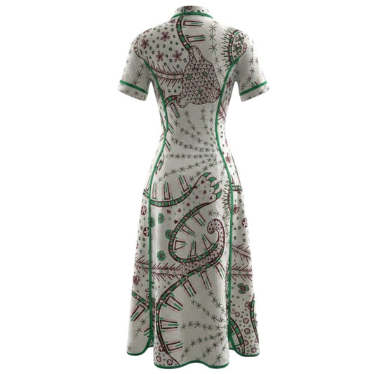 Valentino Ivory / Green Multi Printed Short Sleeved Cotton Midi Dress