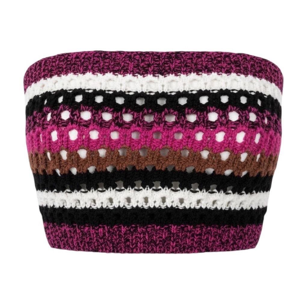 Valentino Fuchsia / Tobacco / White / Black Strapless Striped Knit Crop Top