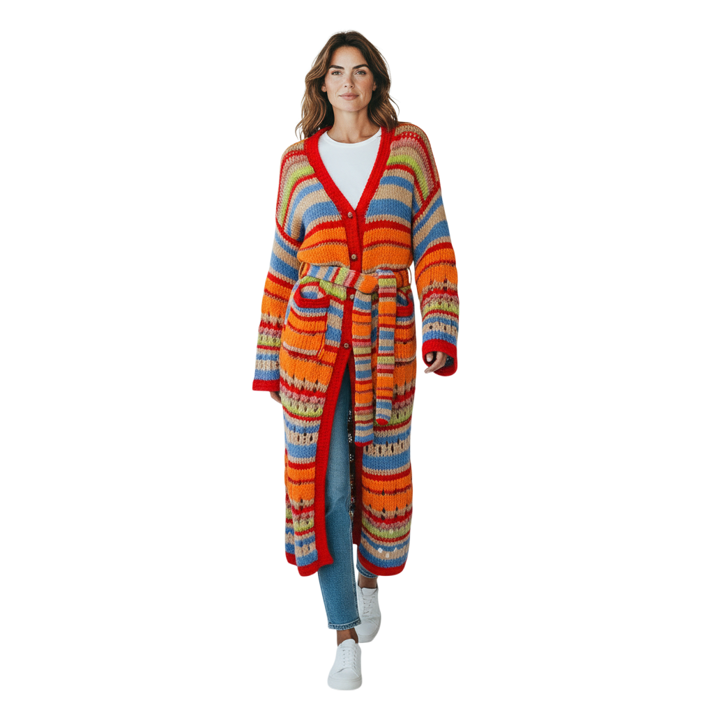 Etro Multi Striped Wool Long Cardigan Sweater with Belt