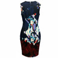 Load image into Gallery viewer, Yigal Azrouel Navy Blue Multi Printed Sleeveless Scuba Stretch Midi Dress
