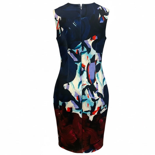 Yigal Azrouel Navy Blue Multi Printed Sleeveless Scuba Stretch Midi Dress