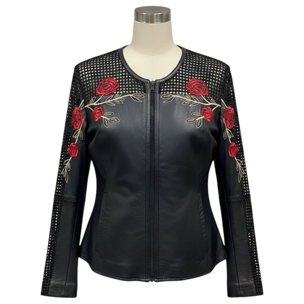 Anne Fontaine Black / Red Rose Embroidered Zip Front Lambskin Leather Cristina Jacket