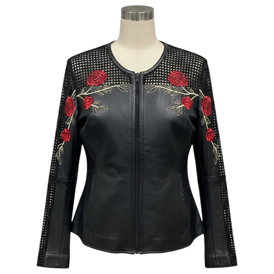 Anne Fontaine Black / Red Rose Embroidered Zip Front Lambskin Leather Cristina Jacket