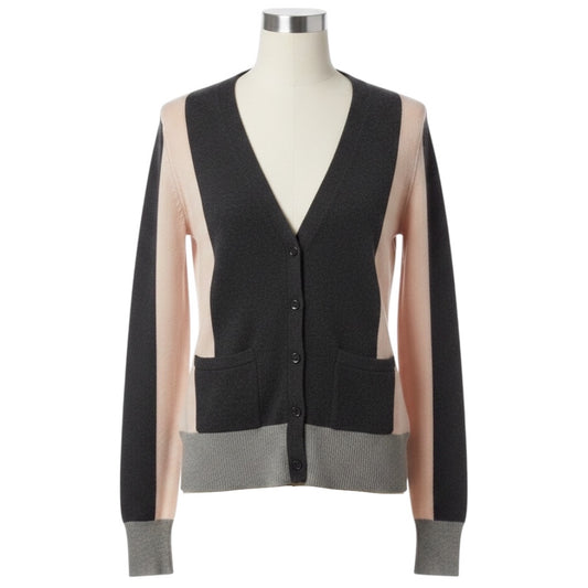 Autumn Cashmere Charcoal Grey / Light Pink / Light Grey Colorblock V-Neck Cashmere Knit Cardigan Sweater