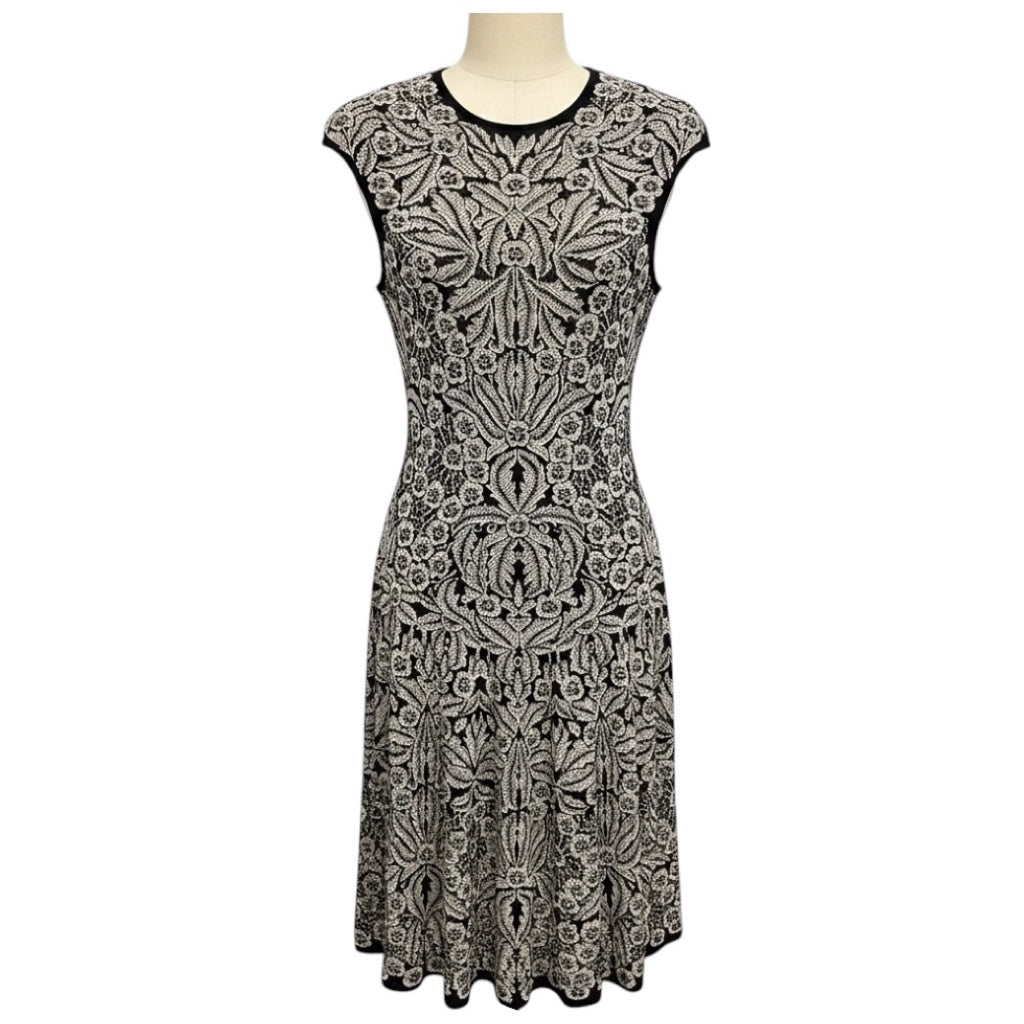 Alexander McQueen Black / White Floral Patterned Bandage Knit Flared Midi Dress