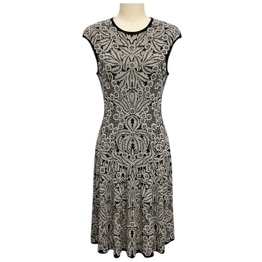 Alexander McQueen Black / White Floral Patterned Bandage Knit Flared Midi Dress