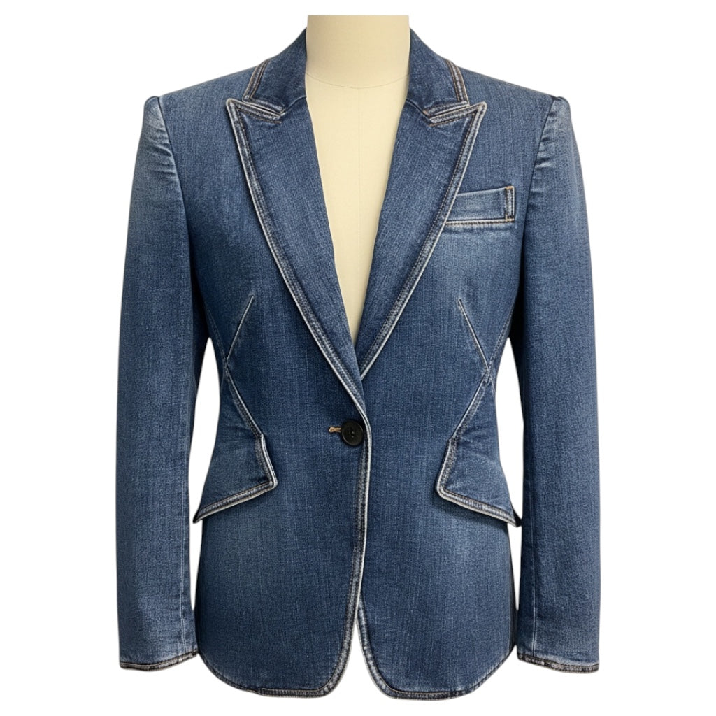 Alexander McQueen Blue Medium Wash One Button Denim Jacket