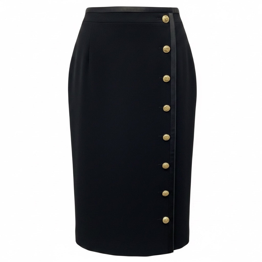 Altuzarra Black Silk Trimmed Crepe Midi Skirt with Gold Buttons
