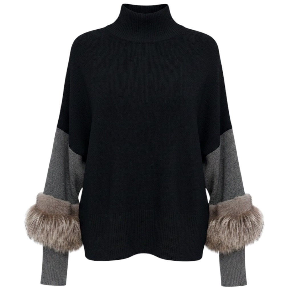 Agnona Black / Grey / Taupe Fur Trimmed Cashmere Knit Sweater
