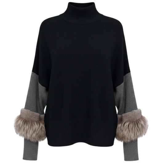 Agnona Black / Grey / Taupe Fur Trimmed Cashmere Knit Sweater