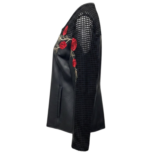 Anne Fontaine Black / Red Rose Embroidered Zip Front Lambskin Leather Cristina Jacket