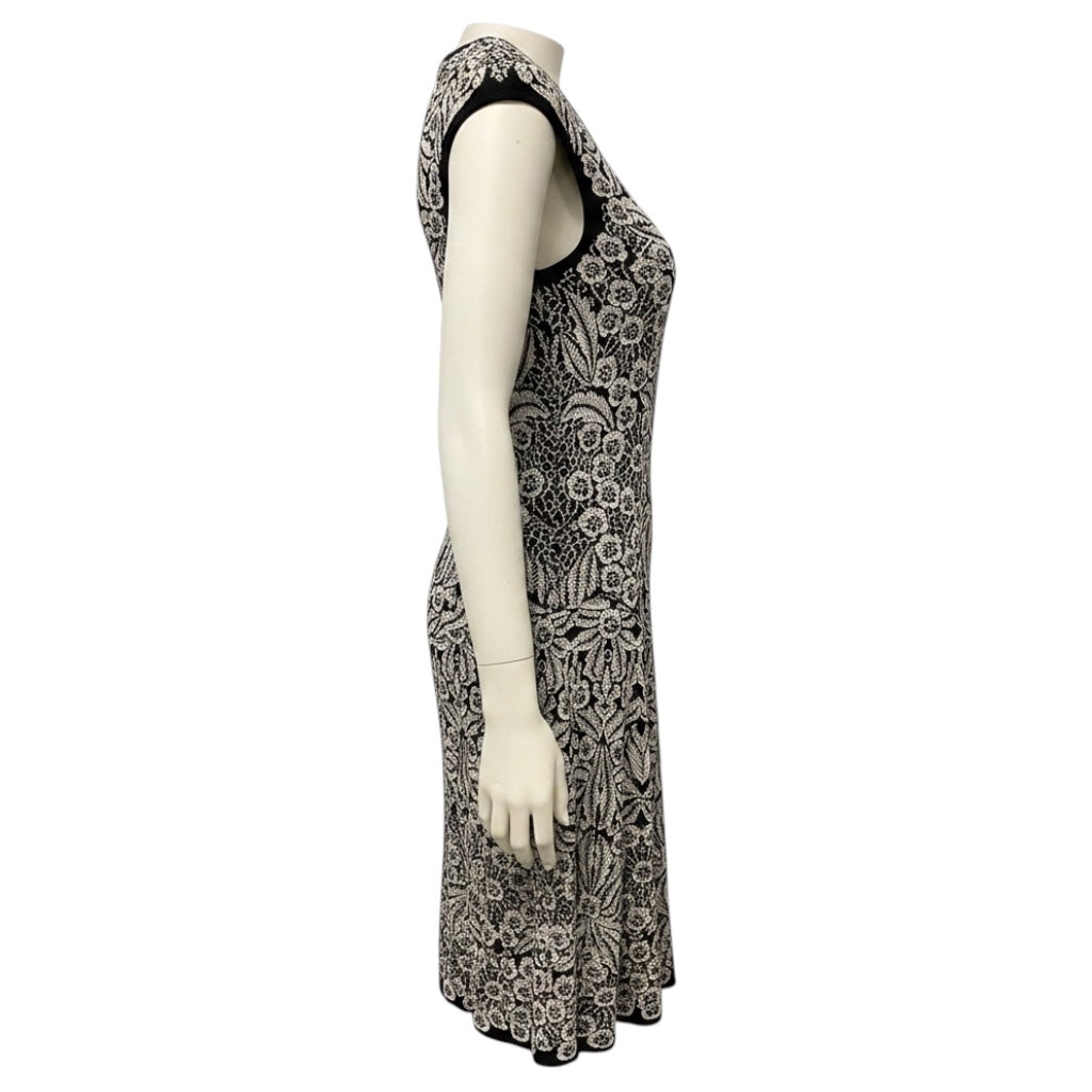 Alexander McQueen Black / White Floral Patterned Bandage Knit Flared Midi Dress