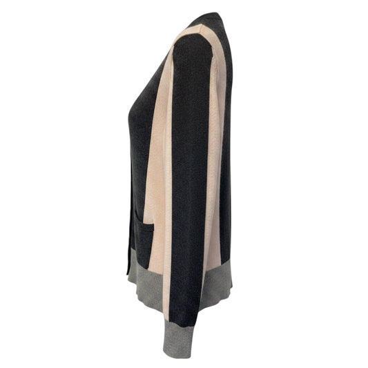 Autumn Cashmere Charcoal Grey / Light Pink / Light Grey Colorblock V-Neck Cashmere Knit Cardigan Sweater