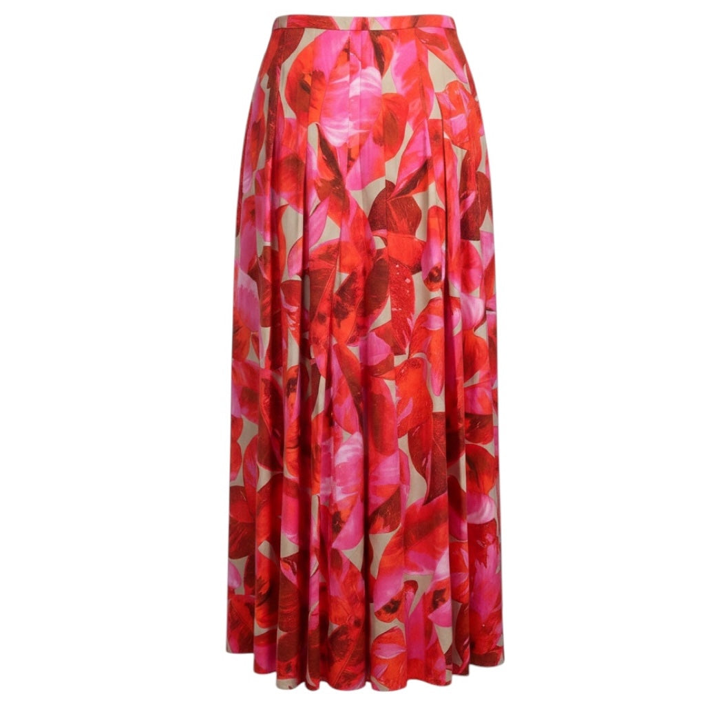 Akris Punto Pink / Red Printed Pleated Cotton Midi Skirt