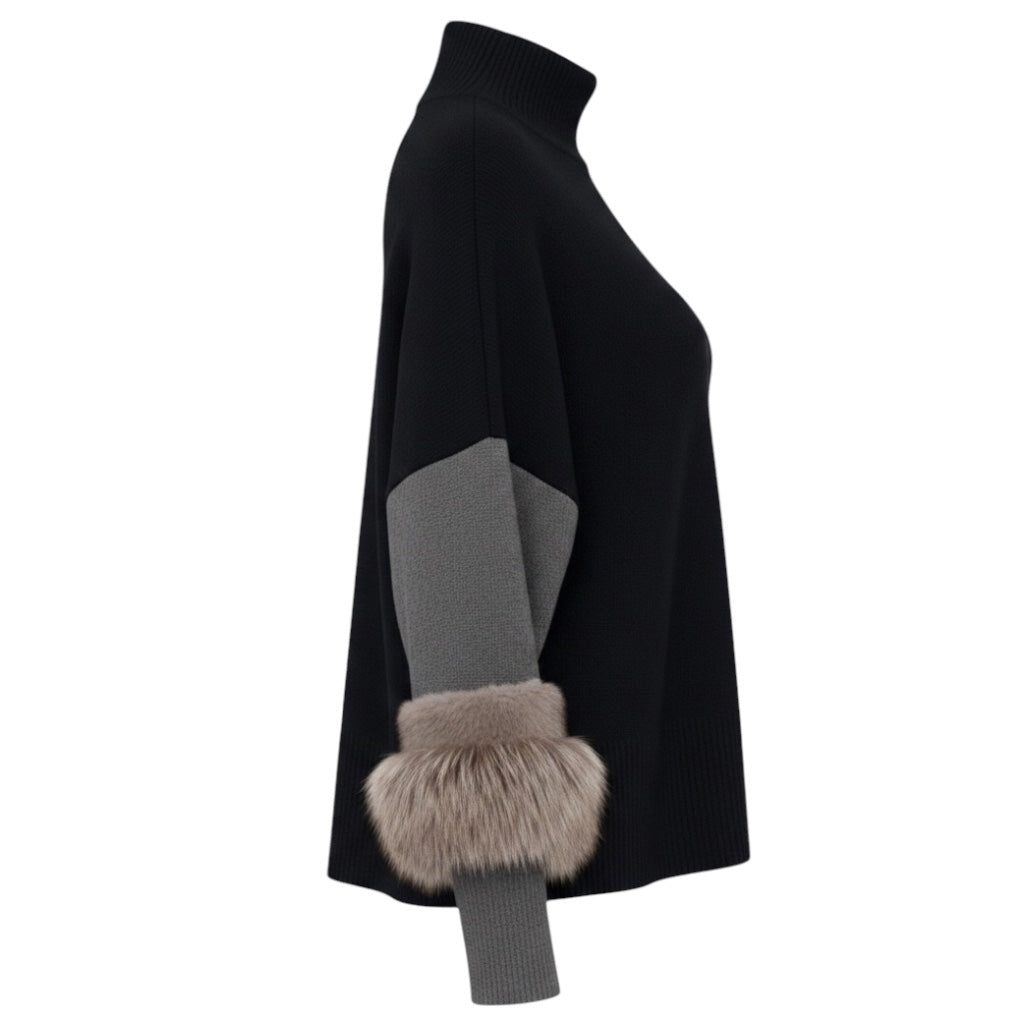 Agnona Black / Grey / Taupe Fur Trimmed Cashmere Knit Sweater