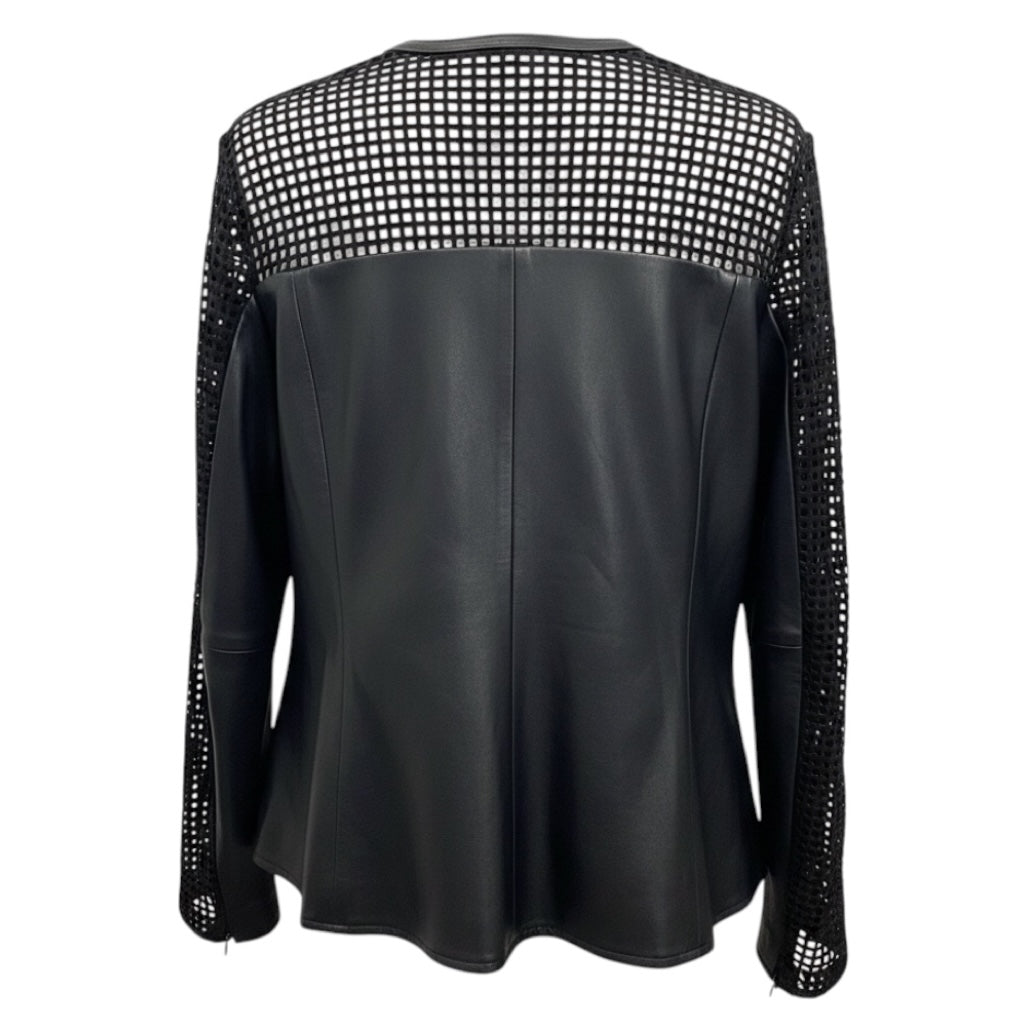 Anne Fontaine Black / Red Rose Embroidered Zip Front Lambskin Leather Cristina Jacket