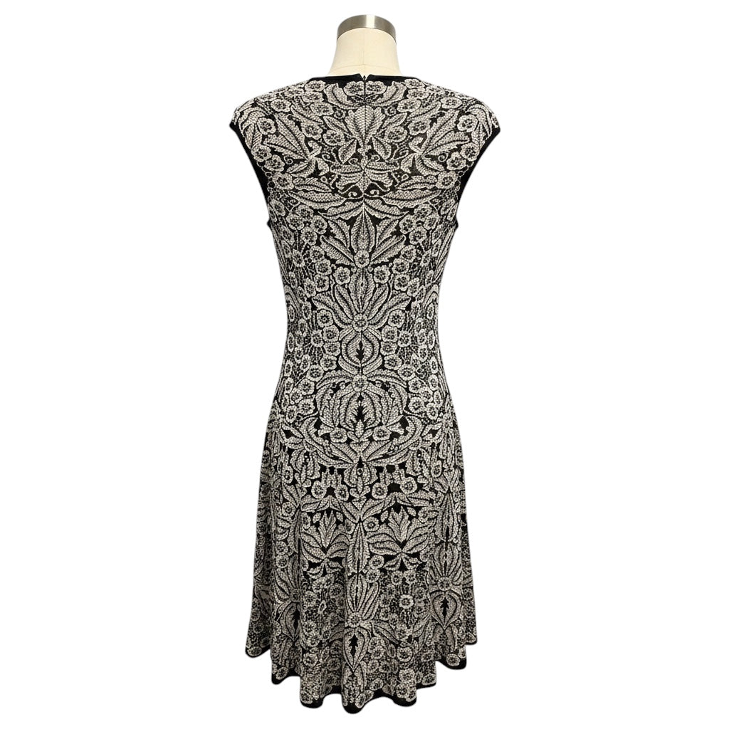 Alexander McQueen Black / White Floral Patterned Bandage Knit Flared Midi Dress