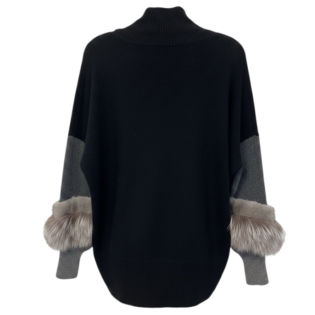 Agnona Black / Grey / Taupe Fur Trimmed Cashmere Knit Sweater