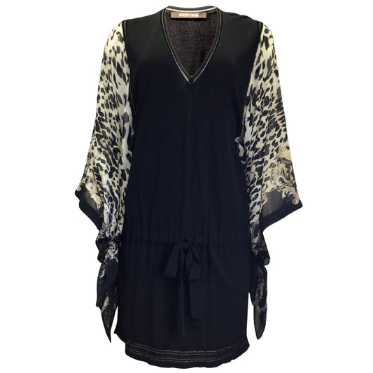 Roberto Cavalli Black / Ivory Leopard Printed Long Sleeved Silk and Viscose Knit Dress
