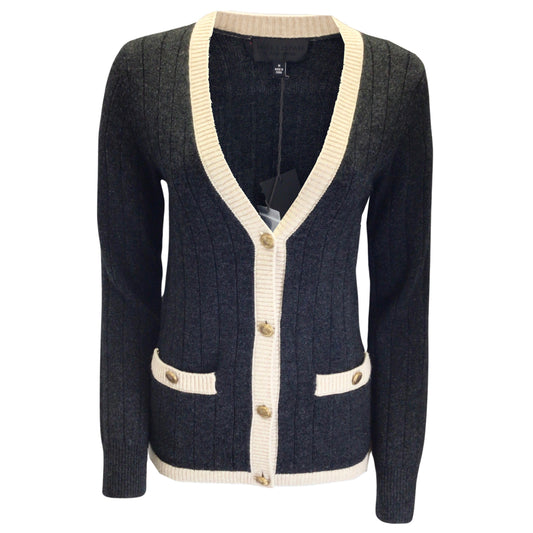 Nili Lotan Charcoal Grey / Beige Trimmed Wool and Cashmere Knit Kirsten Cardigan Sweater