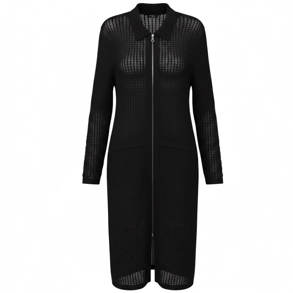 Akris Black Zip Front Linen and Wool Knit Cardigan Sweater