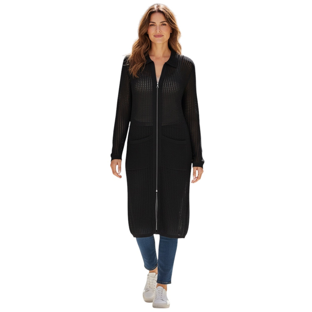 Akris Black Zip Front Linen and Wool Knit Cardigan Sweater