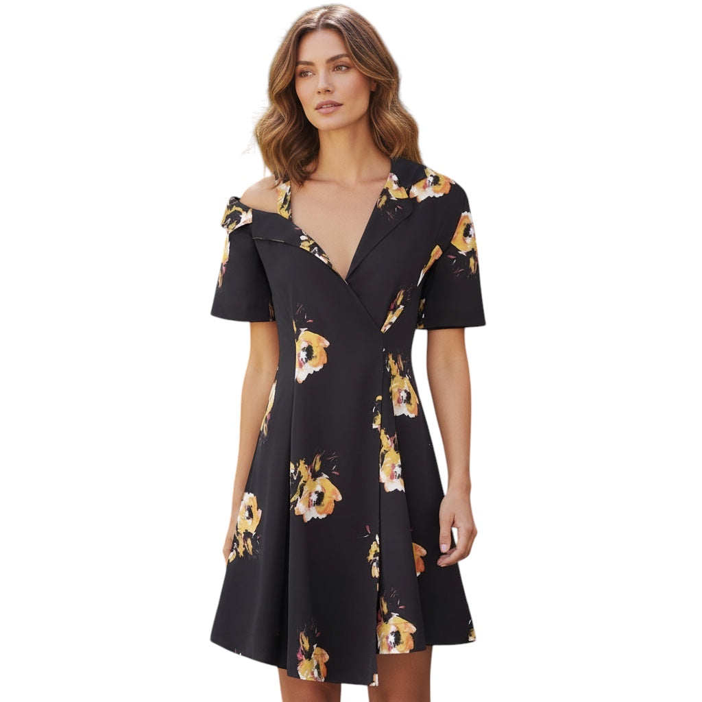A.L.C. Black / Saffron Lucia Floral Silk Faux Wrap Mini Dress