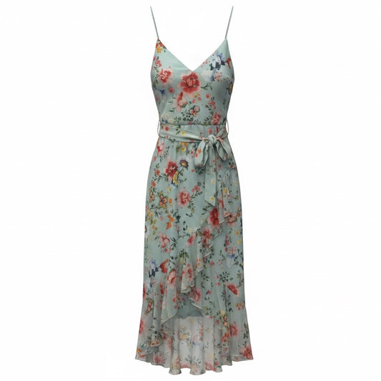Alice + Olivia Light Blue Floral Print Mable Faux Wrap Midi Dress